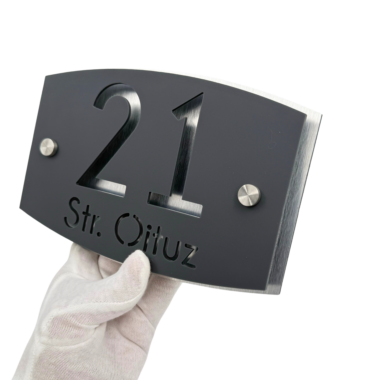 PREMIUM HOUSE NUMBER - Satin Grey Aluminium Pearly 2 Spacers Silver - 20×13 cm