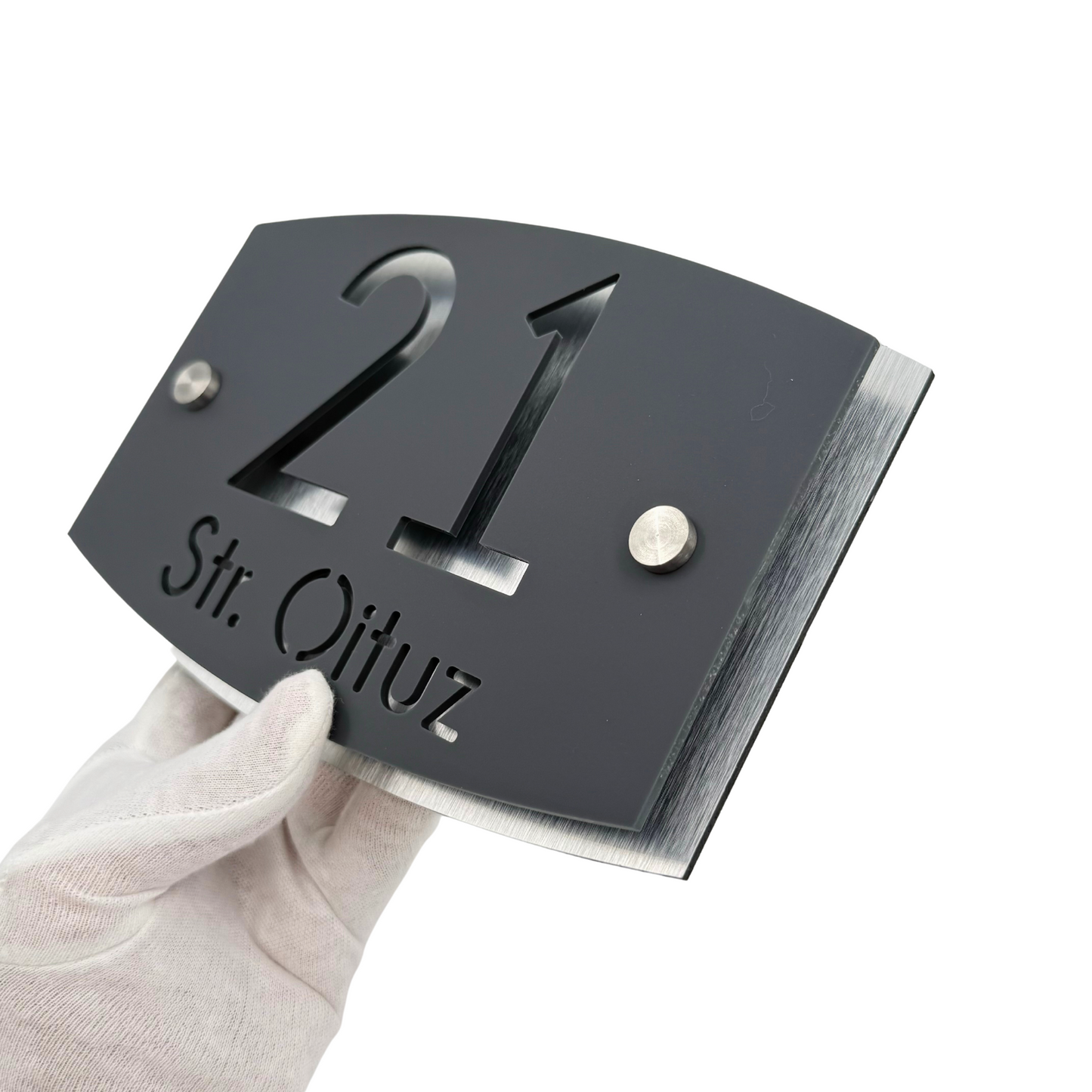 PREMIUM HOUSE NUMBER - Satin Grey Aluminium Pearly 2 Spacers Silver - 20×13 cm