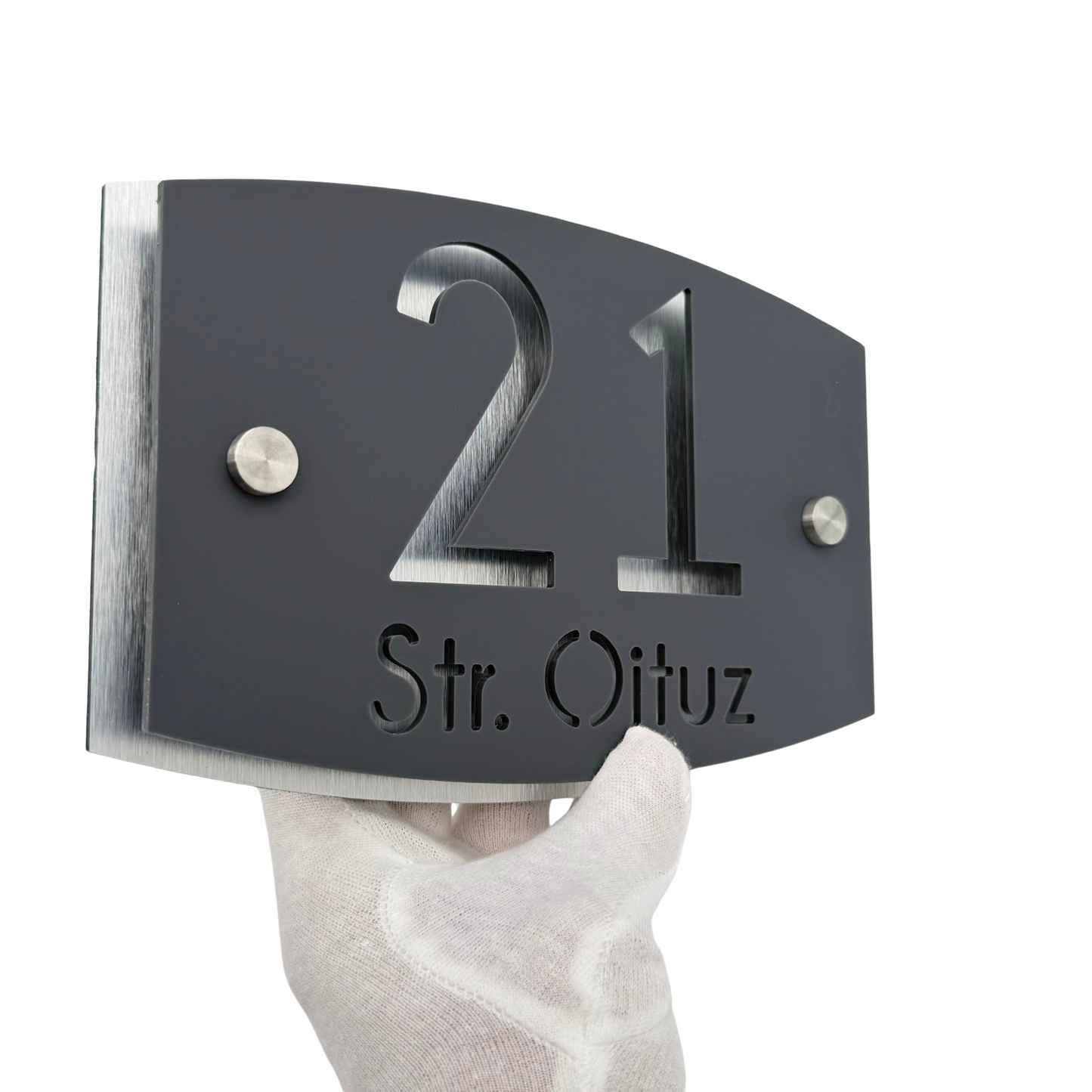 PREMIUM HOUSE NUMBER - Satin Grey Aluminium Pearly 2 Spacers Silver - 20×13 cm