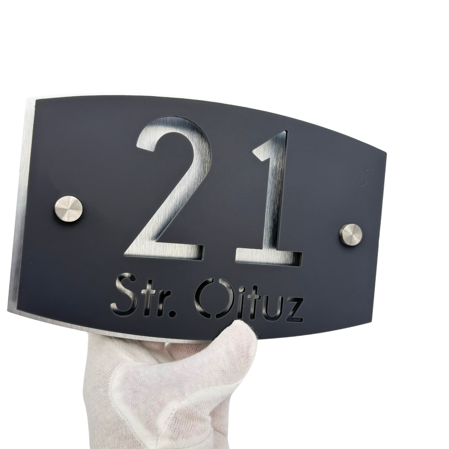 PREMIUM HOUSE NUMBER - Satin Grey Aluminium Pearly 2 Spacers Silver - 20×13 cm