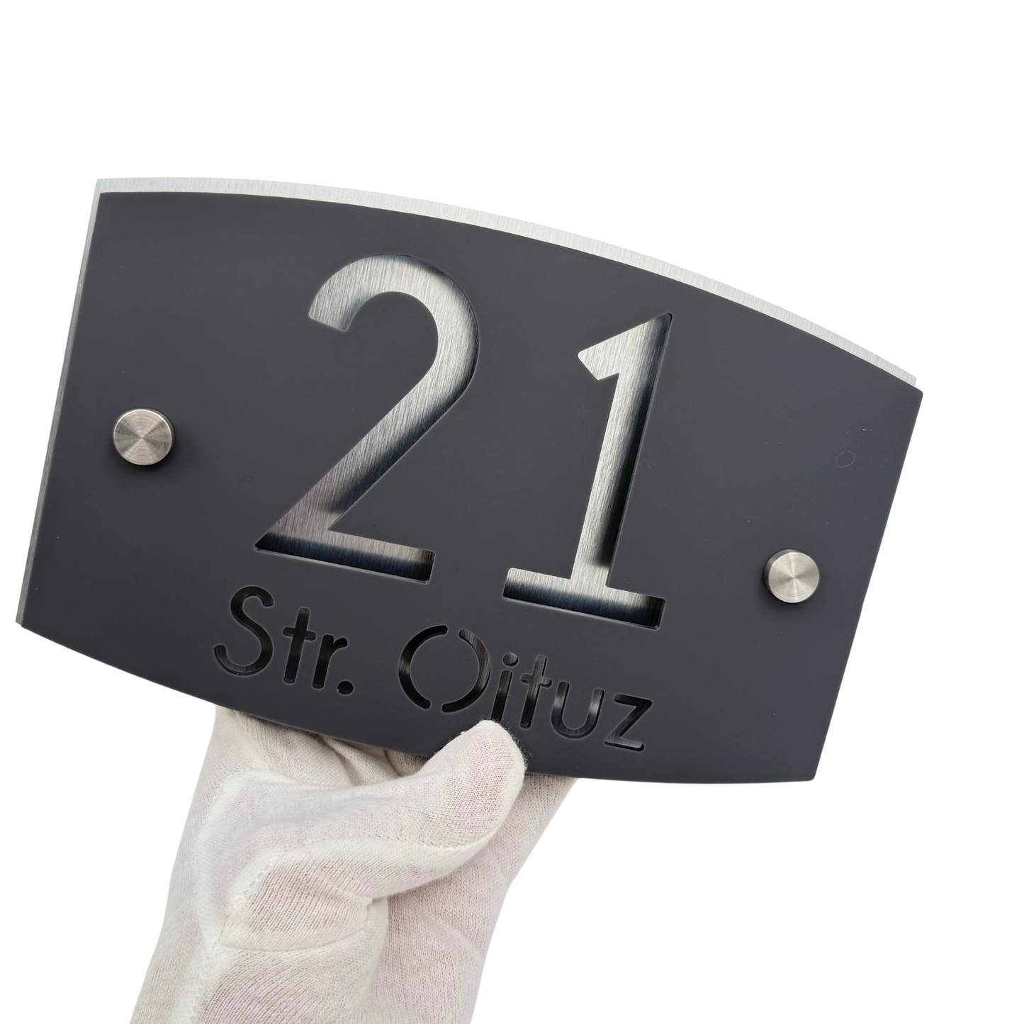 PREMIUM HOUSE NUMBER - Satin Grey Aluminium Pearly 2 Spacers Silver - 20×13 cm