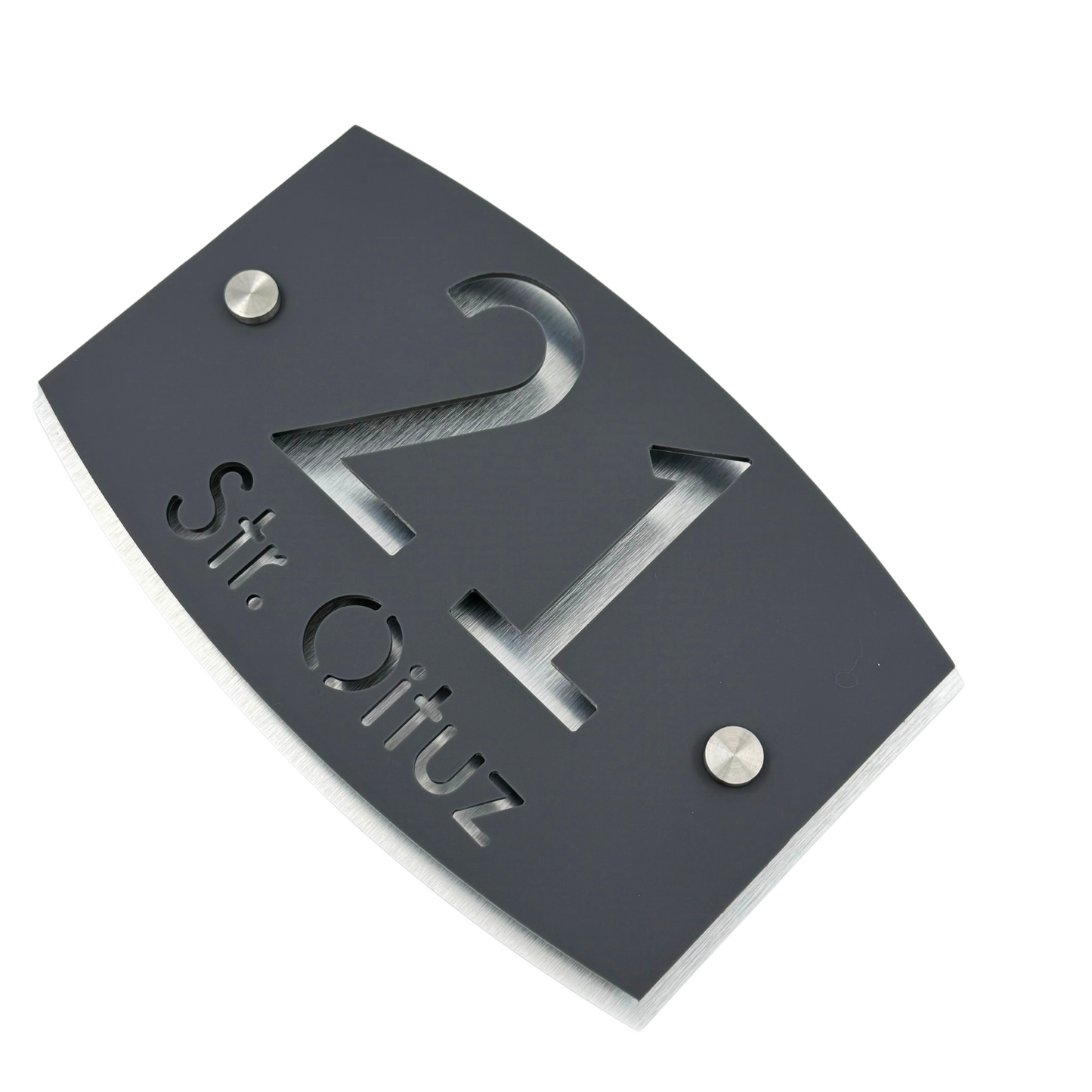 PREMIUM HOUSE NUMBER - Satin Grey Aluminium Pearly 2 Spacers Silver - 20×13 cm