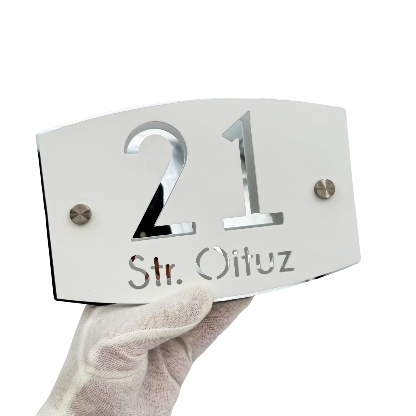 PREMIUM HOUSE NUMBER - White Satin Aluminium Silver Mirror 2 Spacers Silver - 20×13 cm