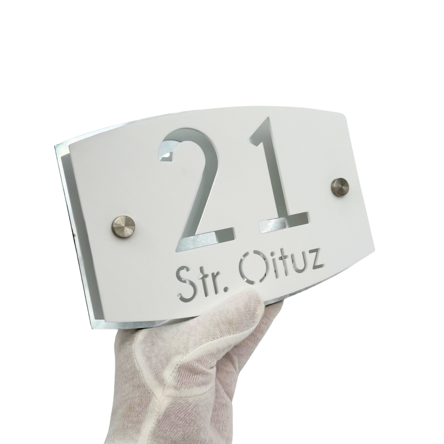 PREMIUM HOUSE NUMBER - White Satin Aluminium Silver Mirror 2 Spacers Silver - 20×13 cm