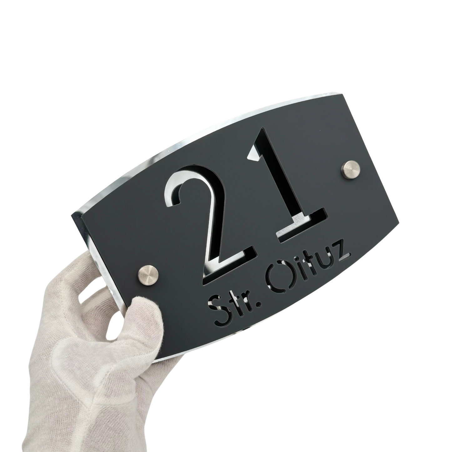 PREMIUM HOUSE NUMBER - Satin Grey Aluminium Silver Mirror 2 Spacers Silver - 20×13 cm