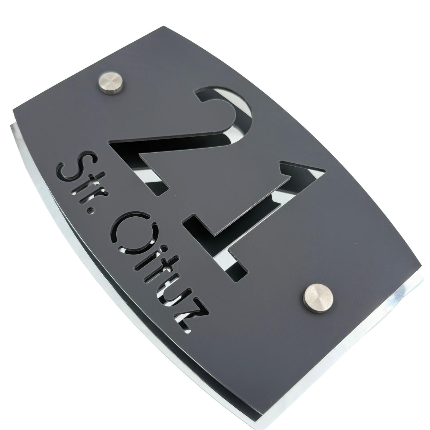 PREMIUM HOUSE NUMBER - Satin Grey Aluminium Silver Mirror 2 Spacers Silver - 20×13 cm