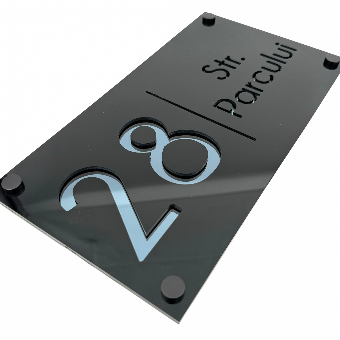 PREMIUM HOUSE NUMBER - Glossy Black Anthracite Grey Mirror 4 Spacers NeGreyi - 28×15 cm
