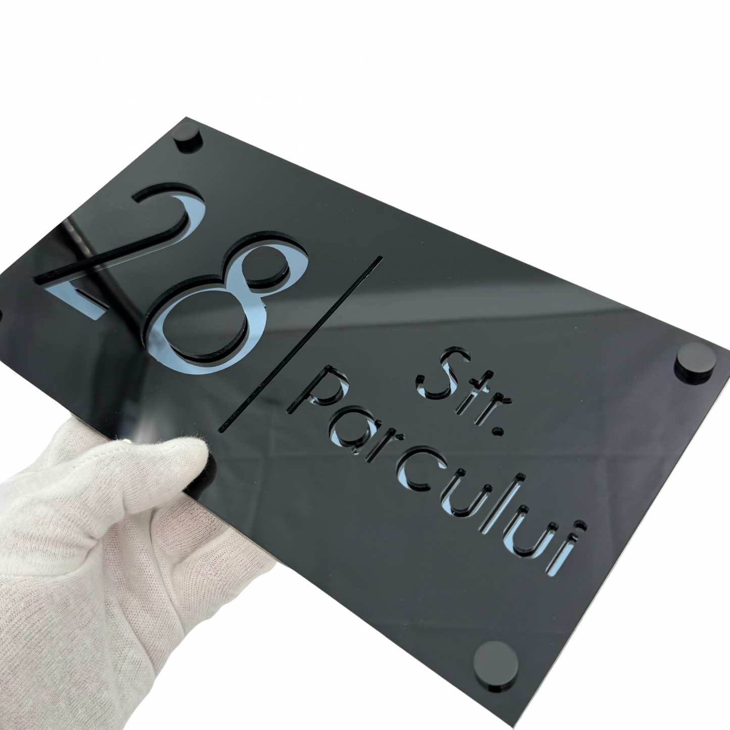PREMIUM HOUSE NUMBER - Glossy Black Anthracite Grey Mirror 4 Spacers NeGreyi - 28×15 cm