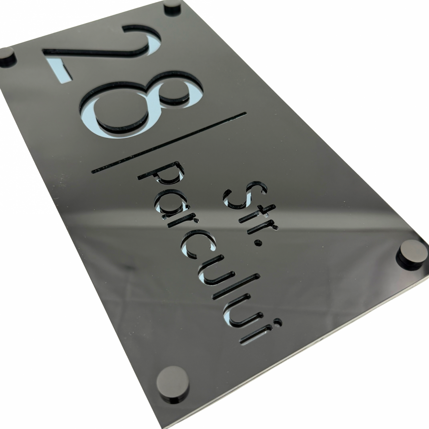 PREMIUM HOUSE NUMBER - Glossy Black Anthracite Grey Mirror 4 Spacers NeGreyi - 28×15 cm