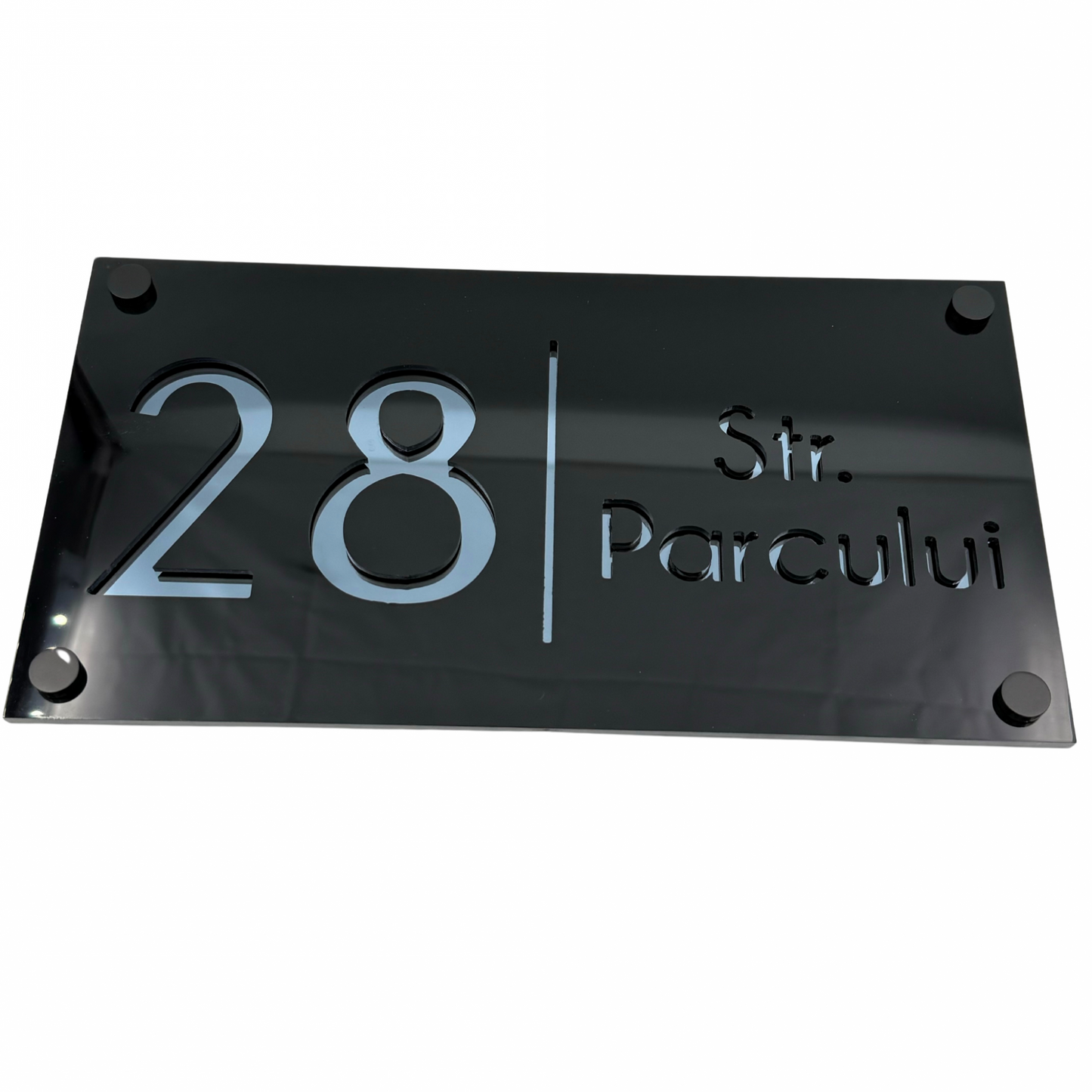 PREMIUM HOUSE NUMBER - Glossy Black Anthracite Grey Mirror 4 Spacers NeGreyi - 28×15 cm