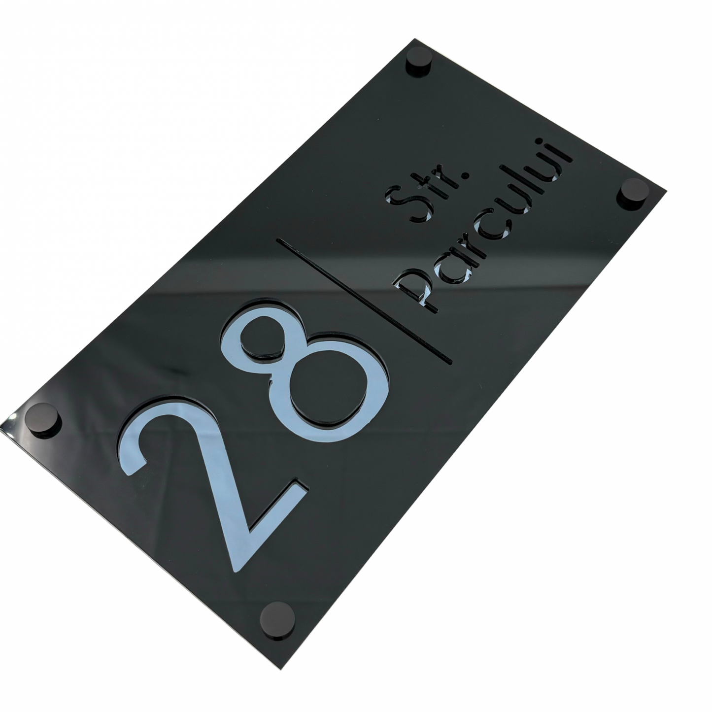 PREMIUM HOUSE NUMBER - Glossy Black Anthracite Grey Mirror 4 Spacers NeGreyi - 28×15 cm