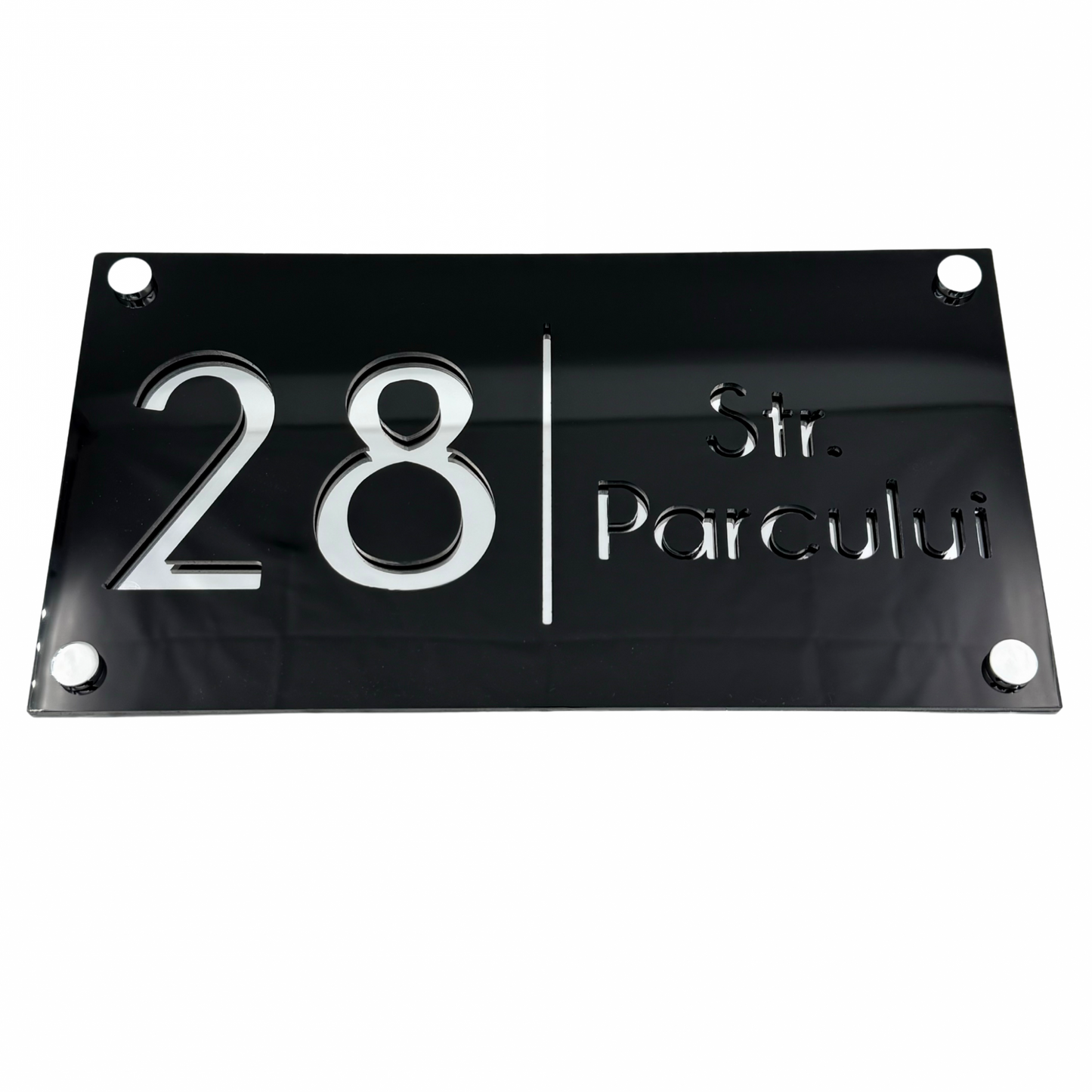 PREMIUM HOUSE NUMBER - Glossy Black Silver Mirror 4 Spacers Silver - 28×15 cm