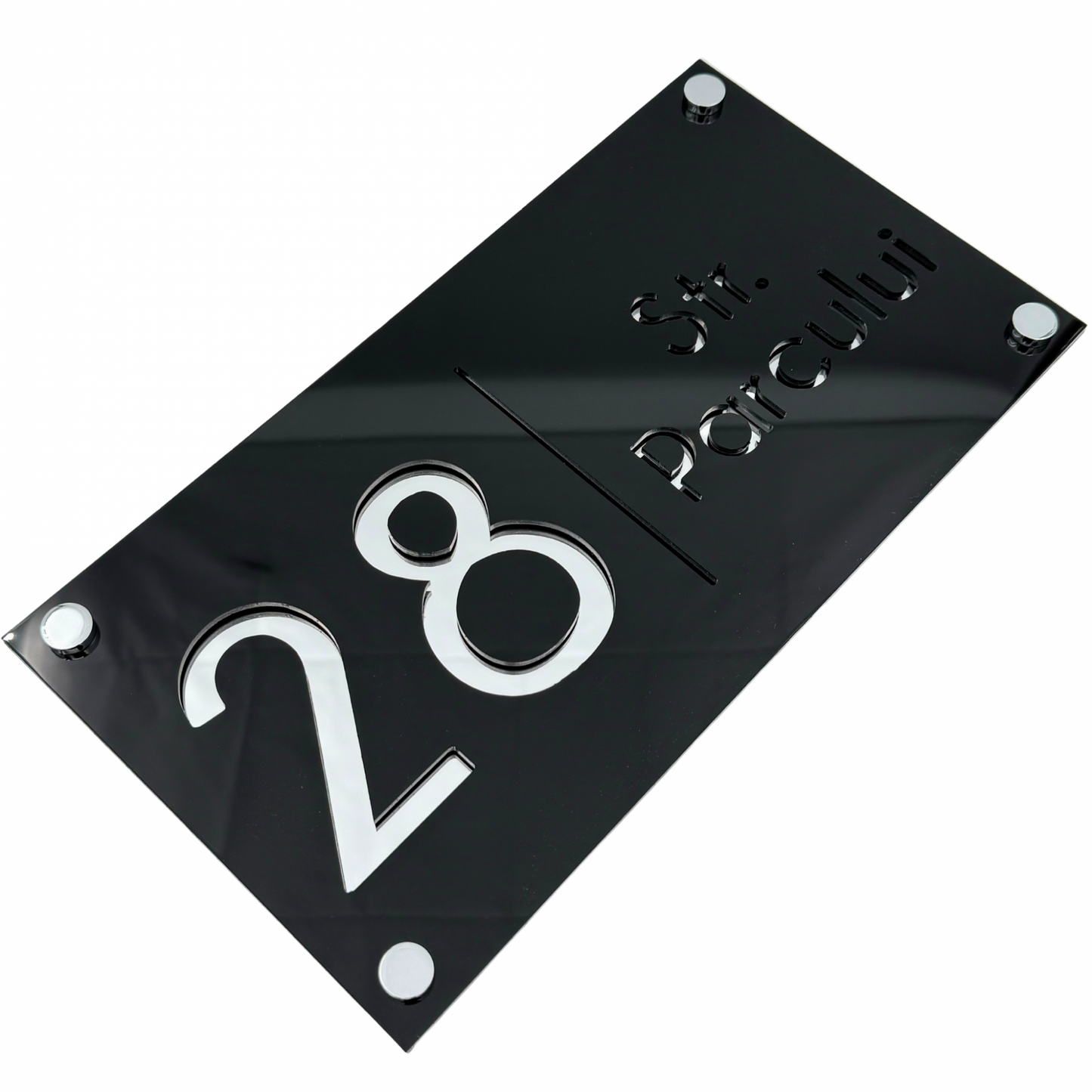 PREMIUM HOUSE NUMBER - Glossy Black Silver Mirror 4 Spacers Silver - 28×15 cm
