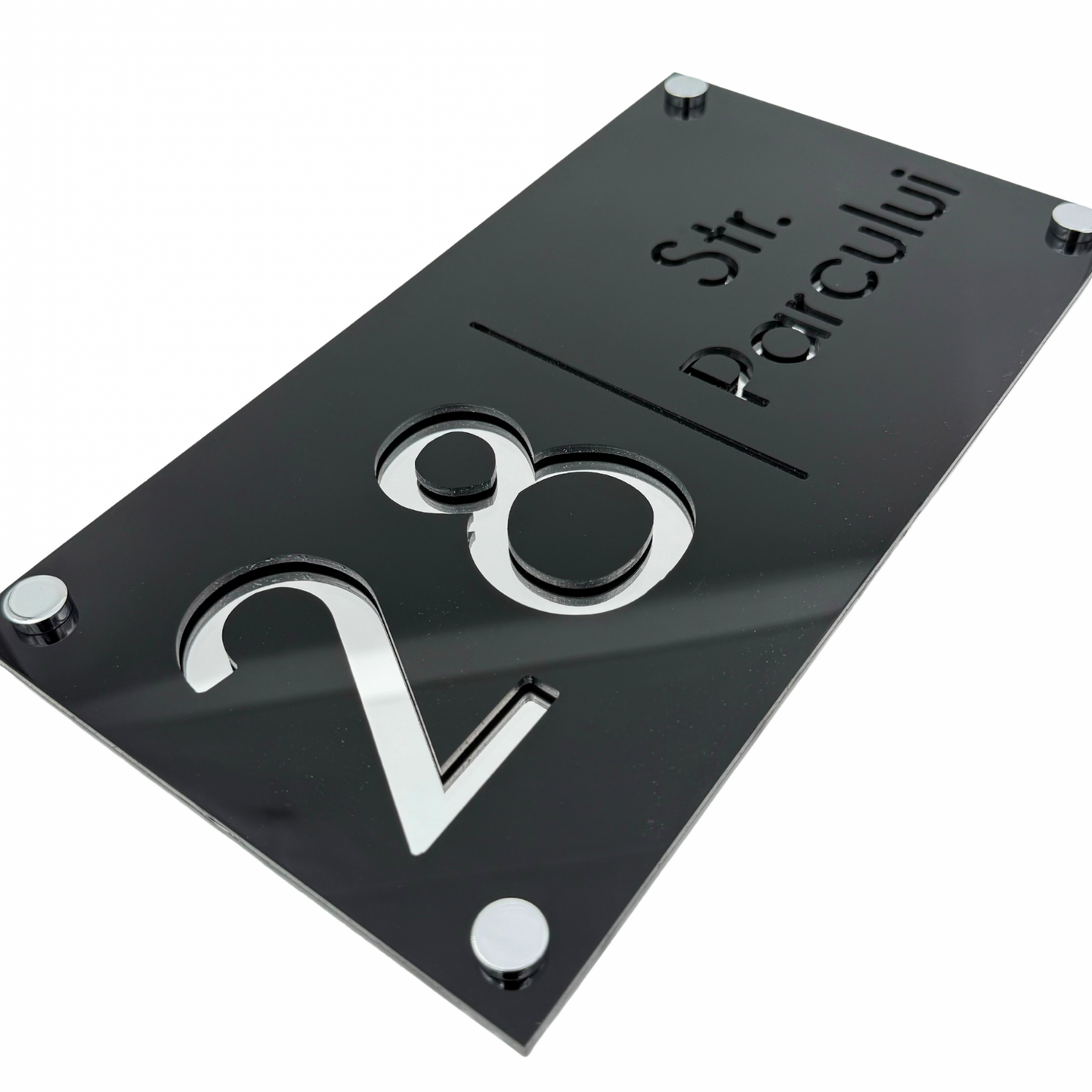 PREMIUM HOUSE NUMBER - Glossy Black Silver Mirror 4 Spacers Silver - 28×15 cm