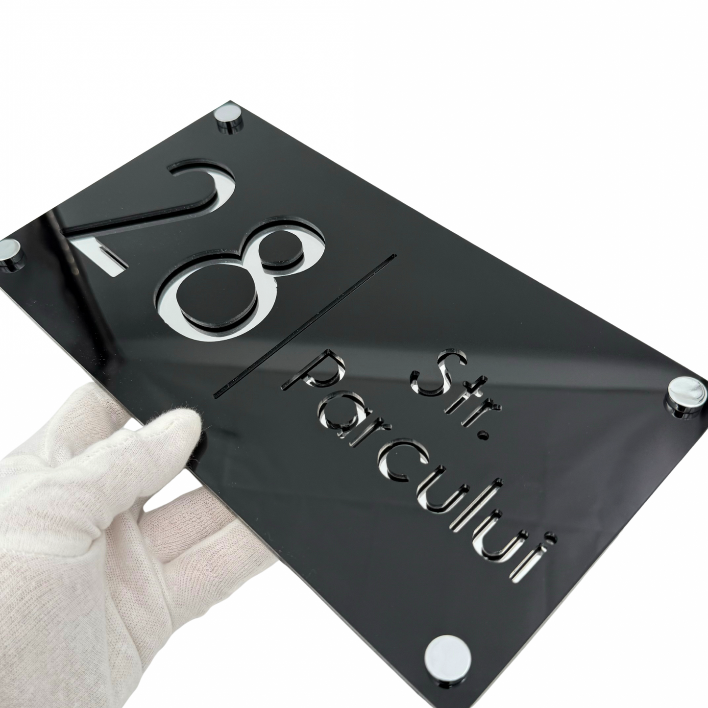 PREMIUM HOUSE NUMBER - Glossy Black Silver Mirror 4 Spacers Silver - 28×15 cm