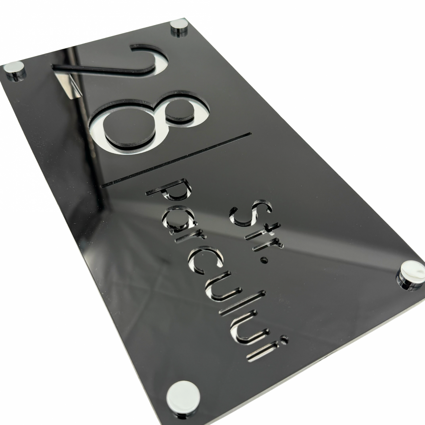 PREMIUM HOUSE NUMBER - Glossy Black Silver Mirror 4 Spacers Silver - 28×15 cm