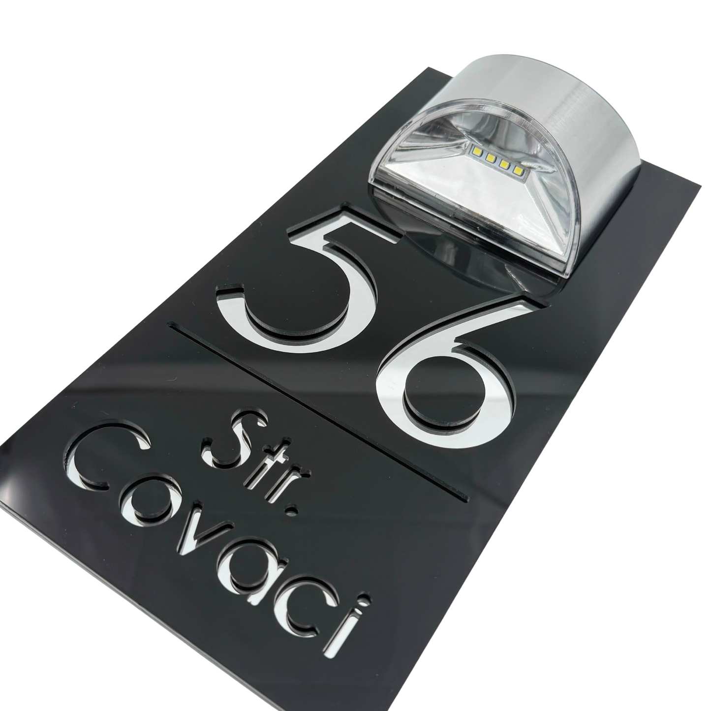 PREMIUM HOUSE NUMBER - Glossy Black Silver Mirror Lampa Solara - 30×15 cm