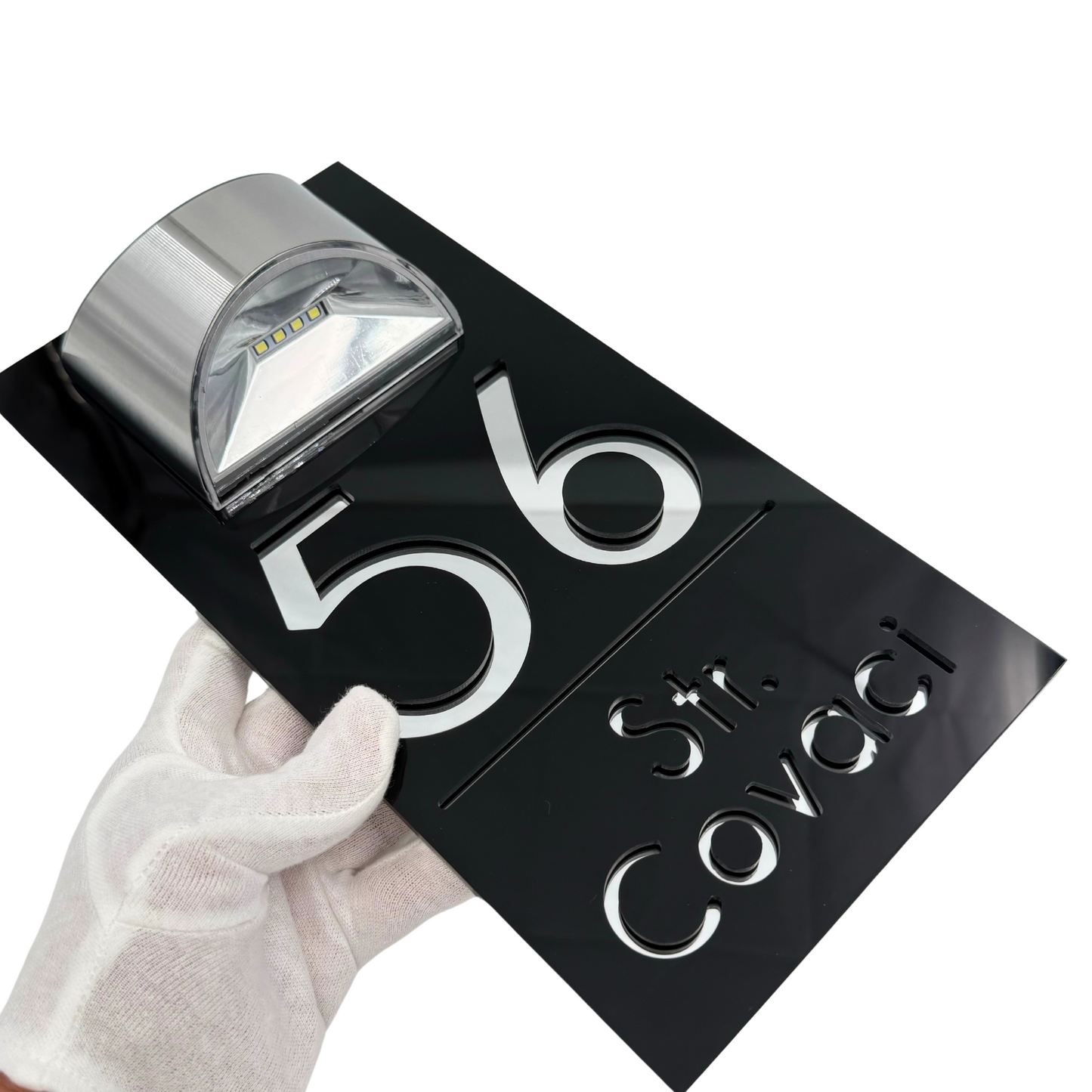 PREMIUM HOUSE NUMBER - Glossy Black Silver Mirror Lampa Solara - 30×15 cm