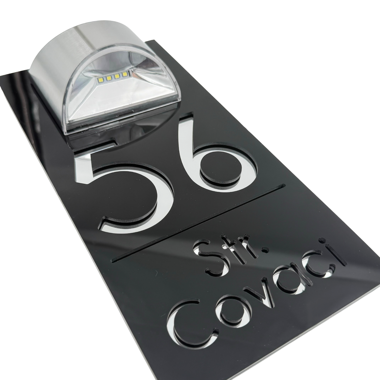PREMIUM HOUSE NUMBER - Glossy Black Silver Mirror Lampa Solara - 30×15 cm
