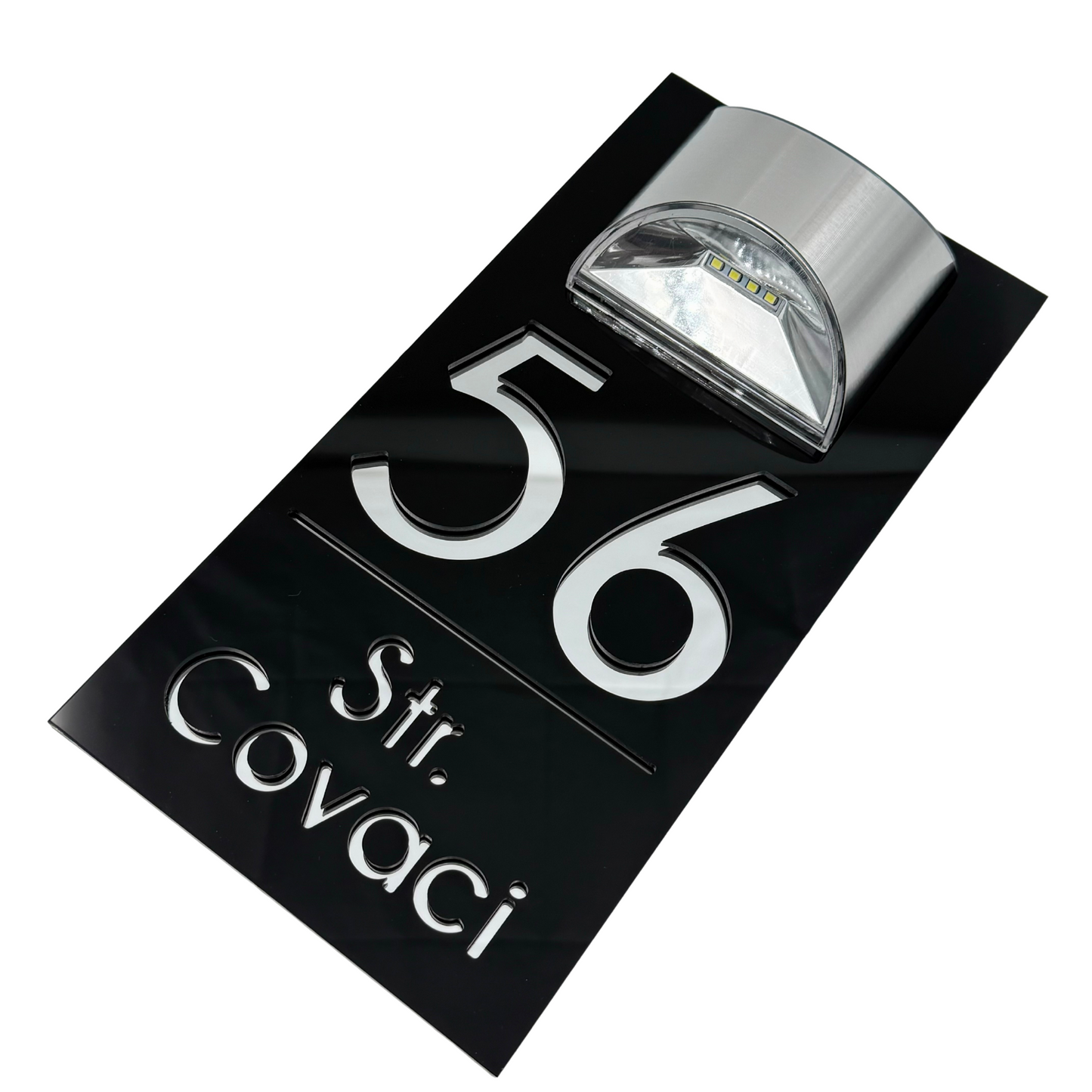 PREMIUM HOUSE NUMBER - Glossy Black Silver Mirror Lampa Solara - 30×15 cm