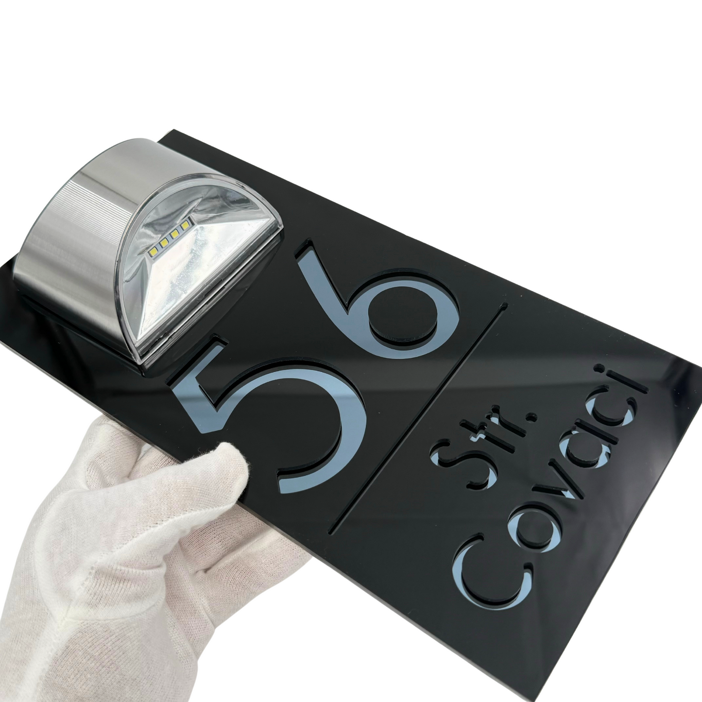 PREMIUM HOUSE NUMBER - Glossy Black Anthracite Grey Mirror Lampa Solara - 30×15 cm