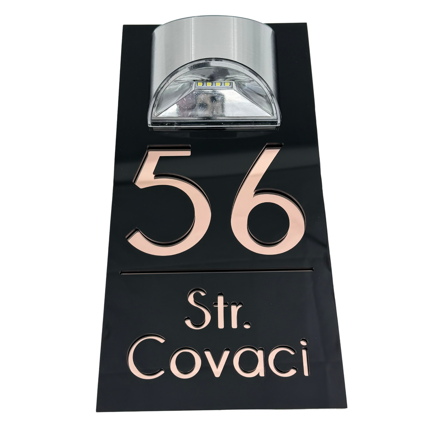 PREMIUM HOUSE NUMBER - Glossy Black Rose Gold Mirror Lampa Solara - 30×15 cm