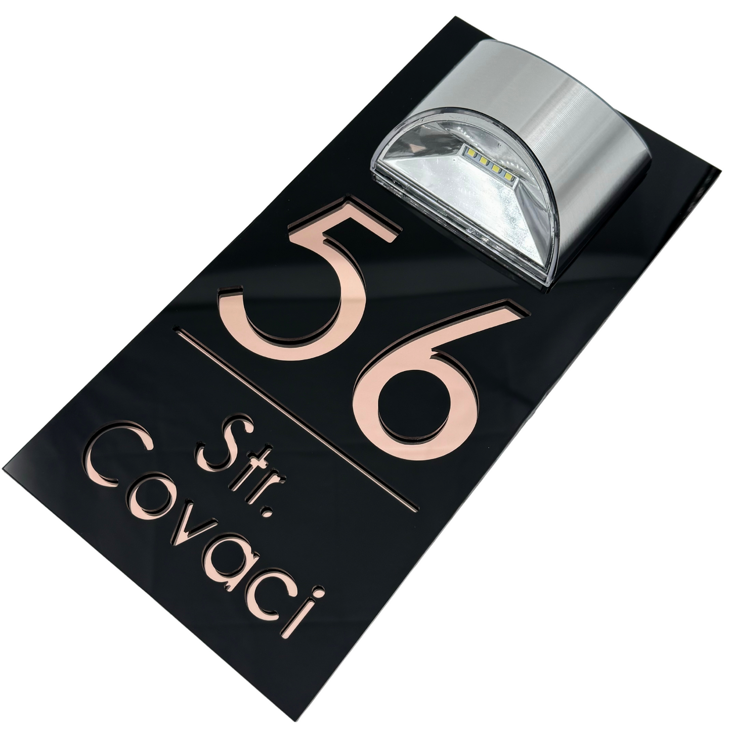 PREMIUM HOUSE NUMBER - Glossy Black Rose Gold Mirror Lampa Solara - 30×15 cm