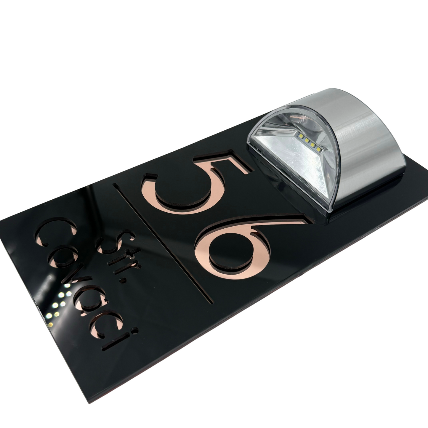 PREMIUM HOUSE NUMBER - Glossy Black Rose Gold Mirror Lampa Solara - 30×15 cm