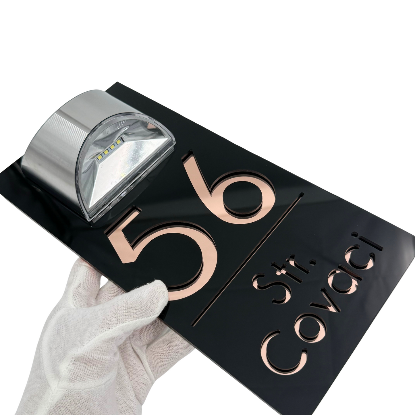 PREMIUM HOUSE NUMBER - Glossy Black Rose Gold Mirror Lampa Solara - 30×15 cm