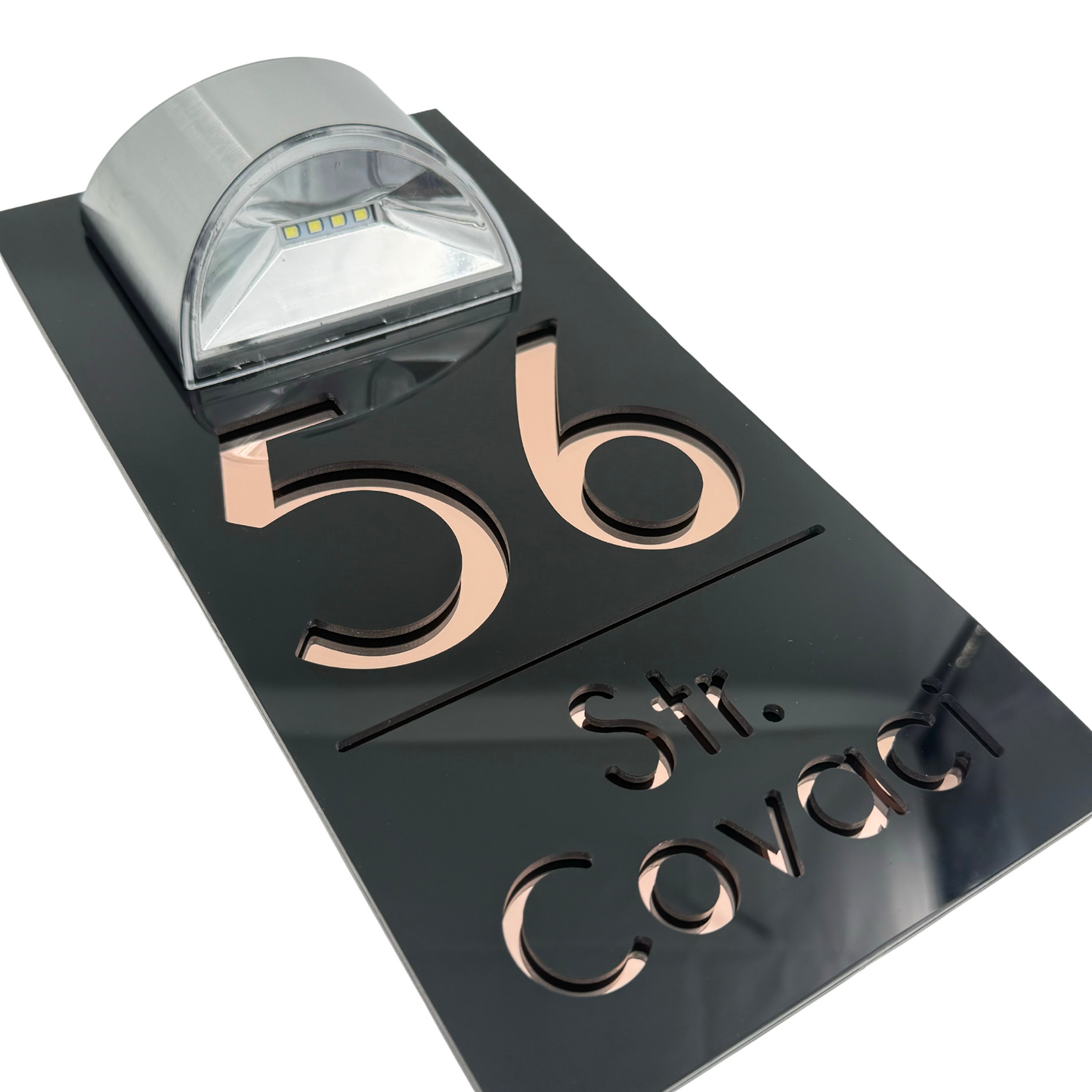 PREMIUM HOUSE NUMBER - Glossy Black Rose Gold Mirror Lampa Solara - 30×15 cm