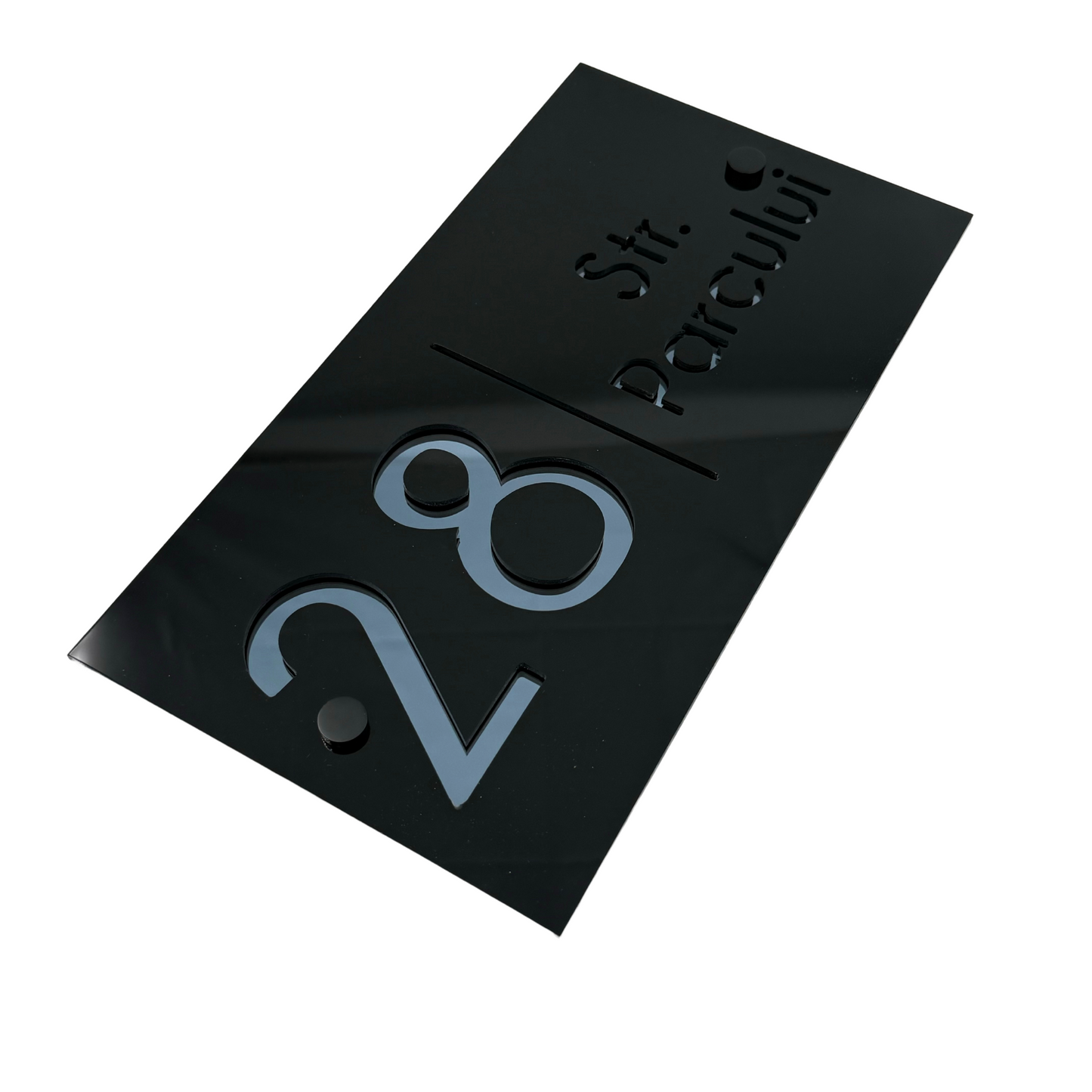 PREMIUM HOUSE NUMBER - Glossy Black Anthracite Grey Mirror 2 Spacers NeGreyi - 28×15 cm