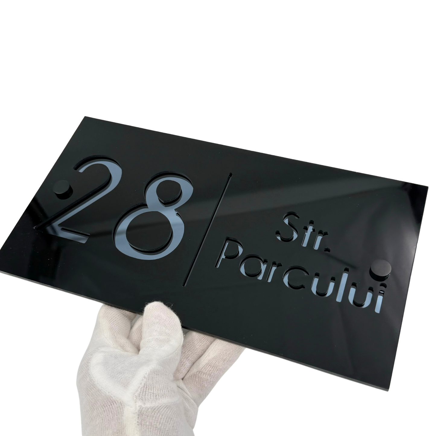 PREMIUM HOUSE NUMBER - Glossy Black Anthracite Grey Mirror 2 Spacers NeGreyi - 28×15 cm