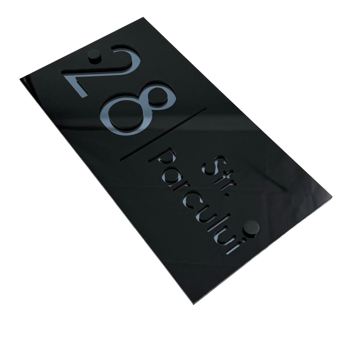 PREMIUM HOUSE NUMBER - Glossy Black Anthracite Grey Mirror 2 Spacers NeGreyi - 28×15 cm