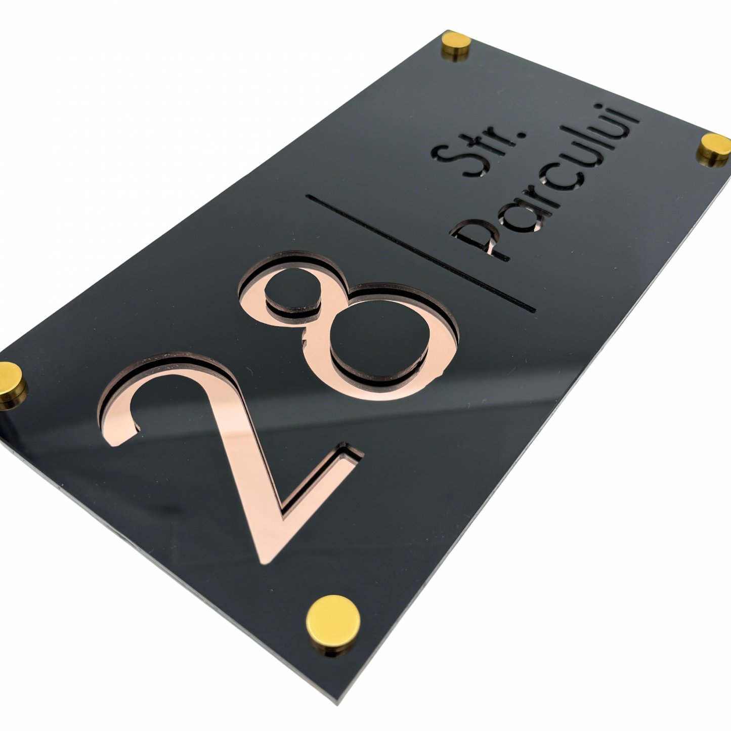PREMIUM HOUSE NUMBER - Glossy Black Rose Gold Mirror 4 Spacers Gold - 28×15 cm