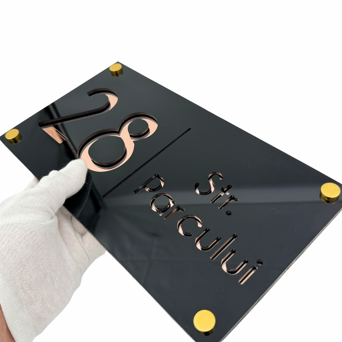 PREMIUM HOUSE NUMBER - Glossy Black Rose Gold Mirror 4 Spacers Gold - 28×15 cm