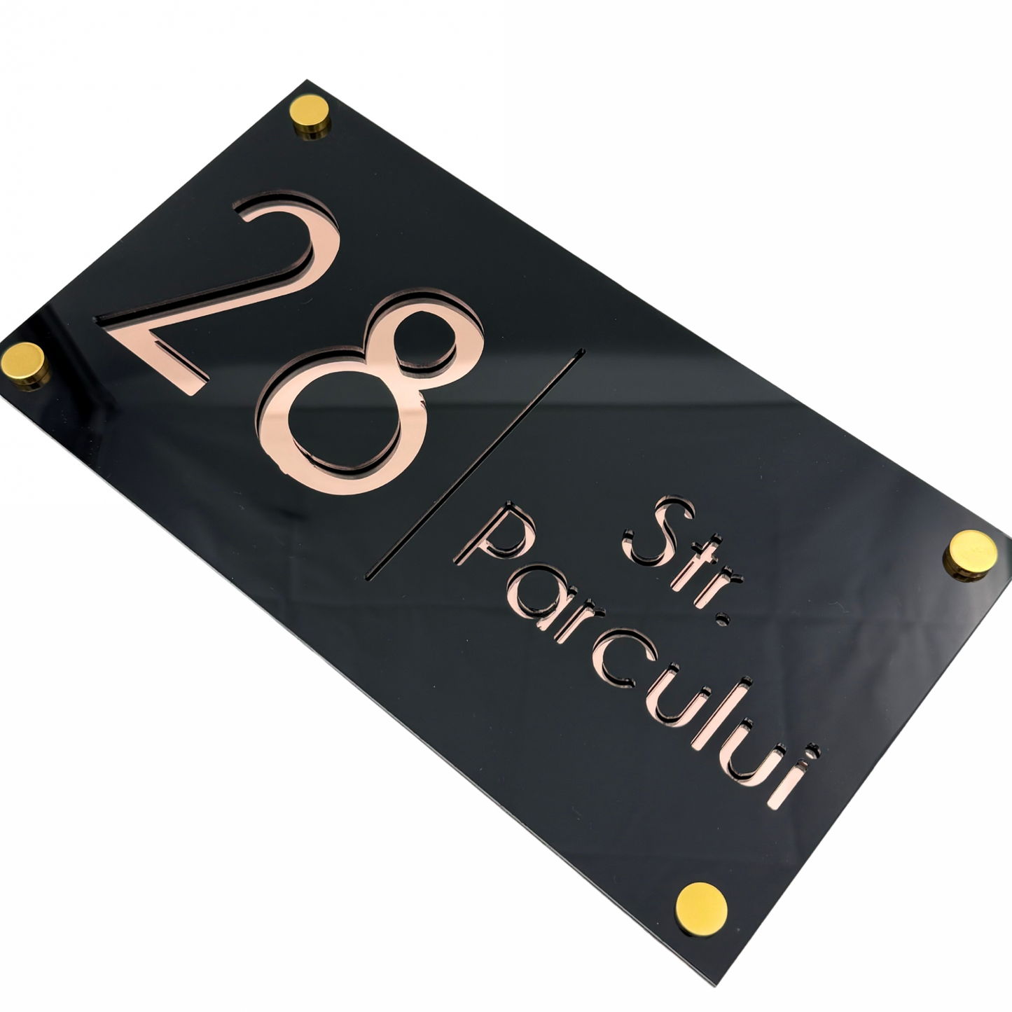 PREMIUM HOUSE NUMBER - Glossy Black Rose Gold Mirror 4 Spacers Gold - 28×15 cm