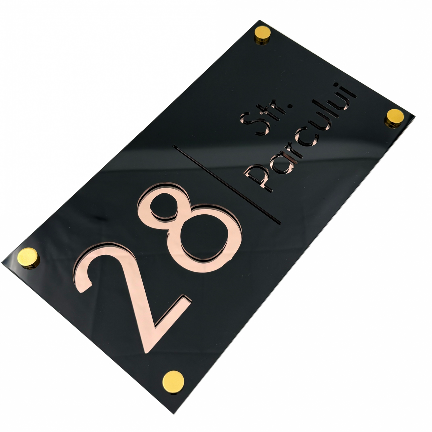 PREMIUM HOUSE NUMBER - Glossy Black Rose Gold Mirror 4 Spacers Gold - 28×15 cm