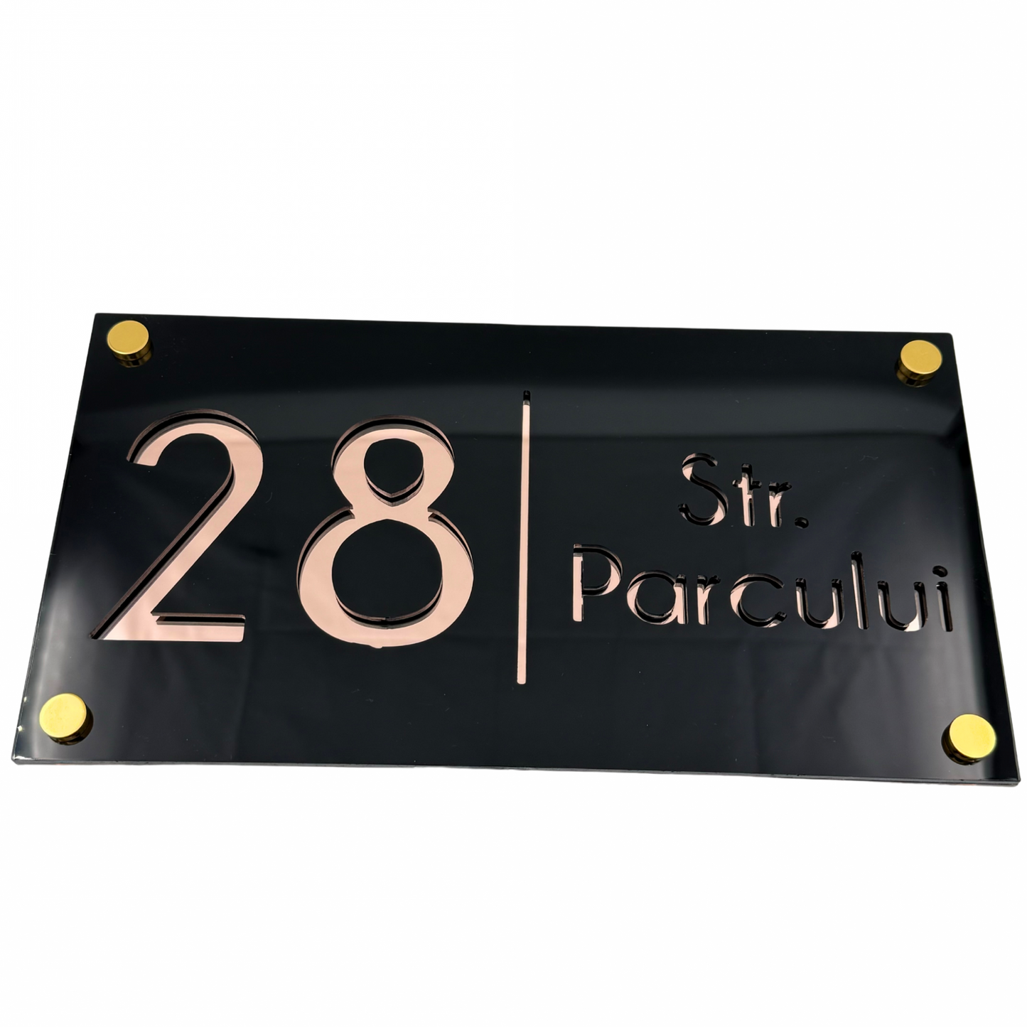 PREMIUM HOUSE NUMBER - Glossy Black Rose Gold Mirror 4 Spacers Gold - 28×15 cm