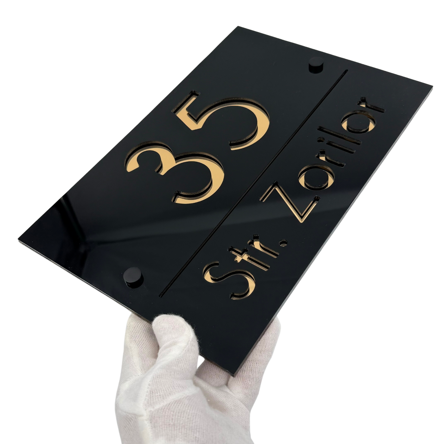 PREMIUM HOUSE NUMBER - Glossy Black Gold Mirror 2 Spacers NeGreyi - 30×20 cm