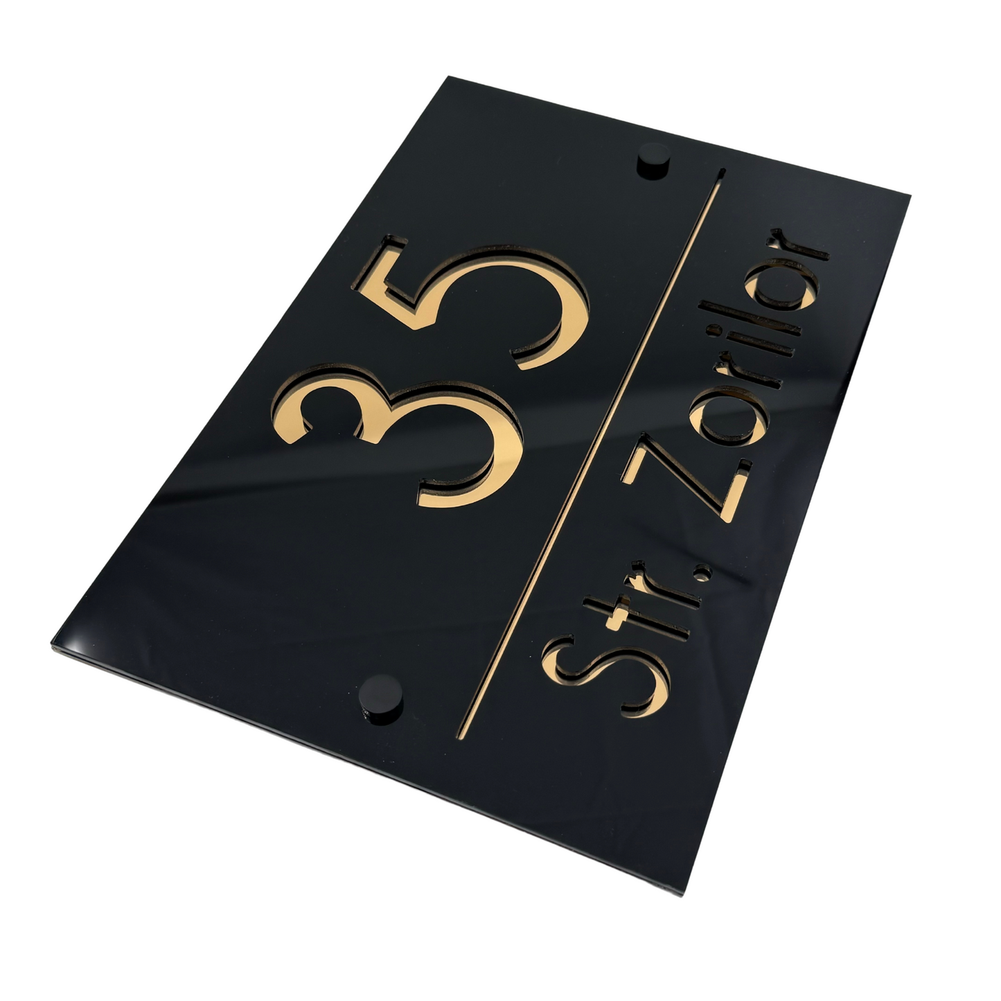 PREMIUM HOUSE NUMBER - Glossy Black Gold Mirror 2 Spacers NeGreyi - 30×20 cm