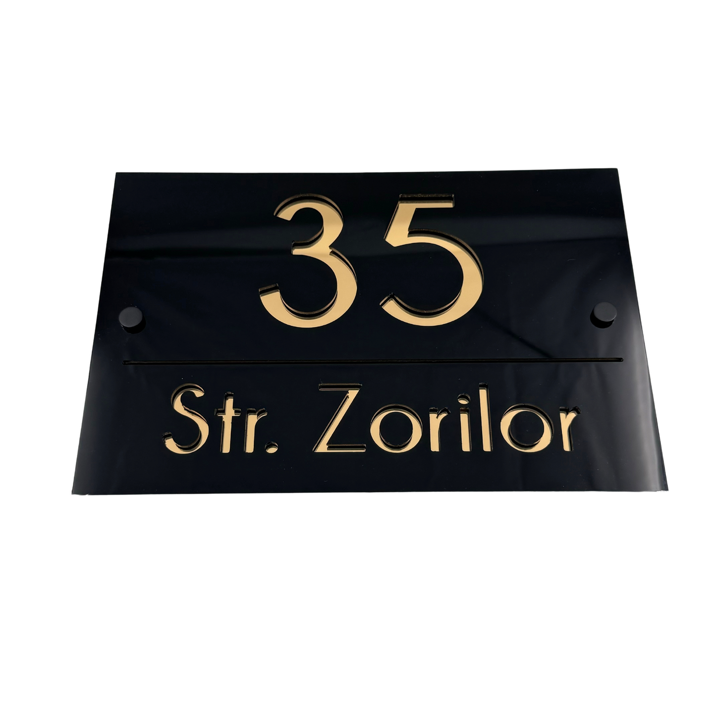 PREMIUM HOUSE NUMBER - Glossy Black Gold Mirror 2 Spacers NeGreyi - 30×20 cm
