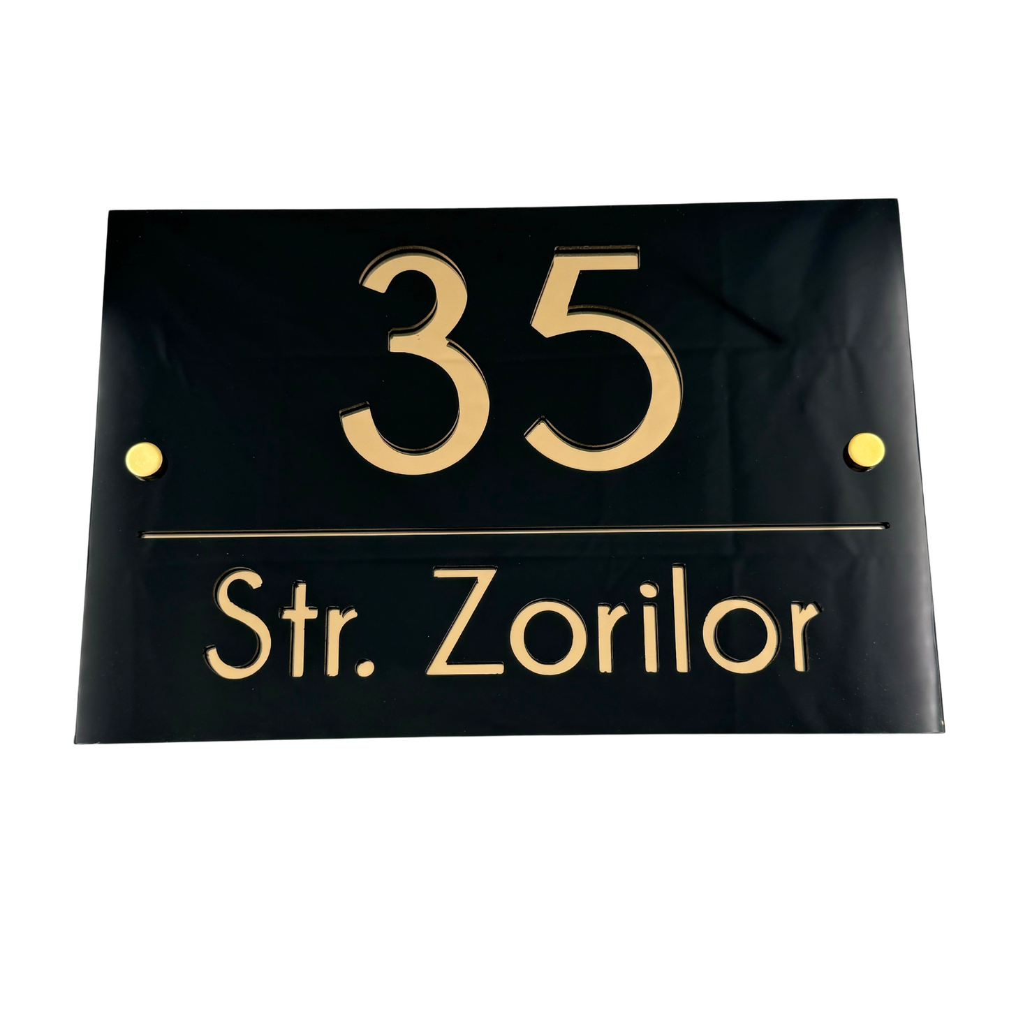 PREMIUM HOUSE NUMBER - Glossy Black Gold Mirror 2 Spacers Gold - 30×20 cm