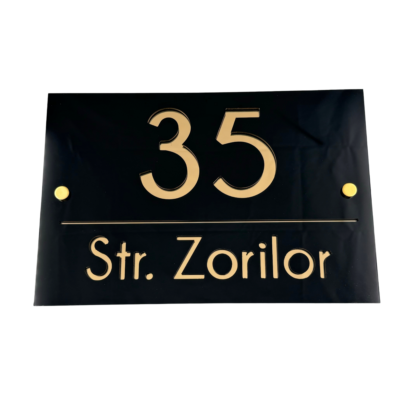 PREMIUM HOUSE NUMBER - Glossy Black Gold Mirror 2 Spacers Gold - 30×20 cm