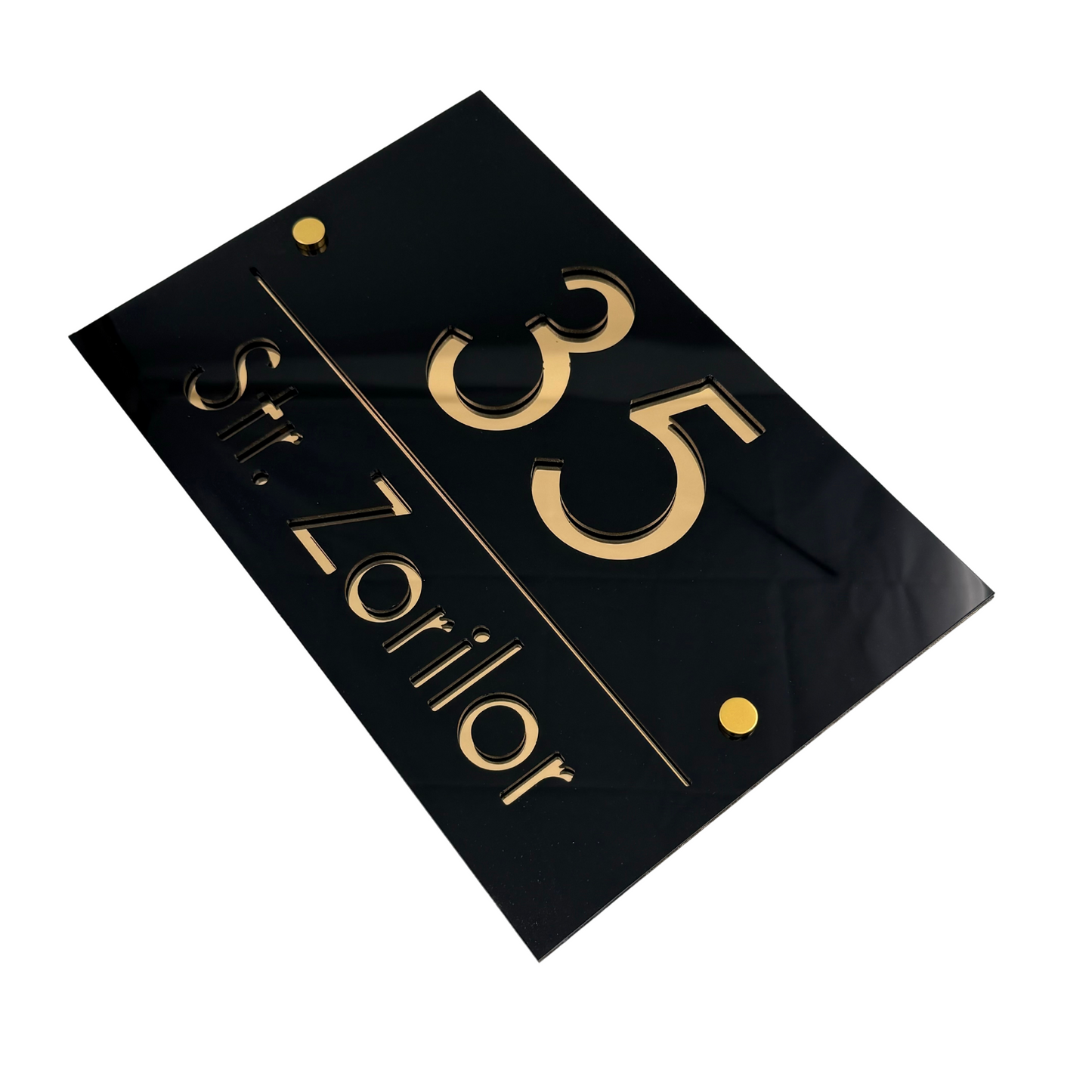 PREMIUM HOUSE NUMBER - Glossy Black Gold Mirror 2 Spacers Gold - 30×20 cm