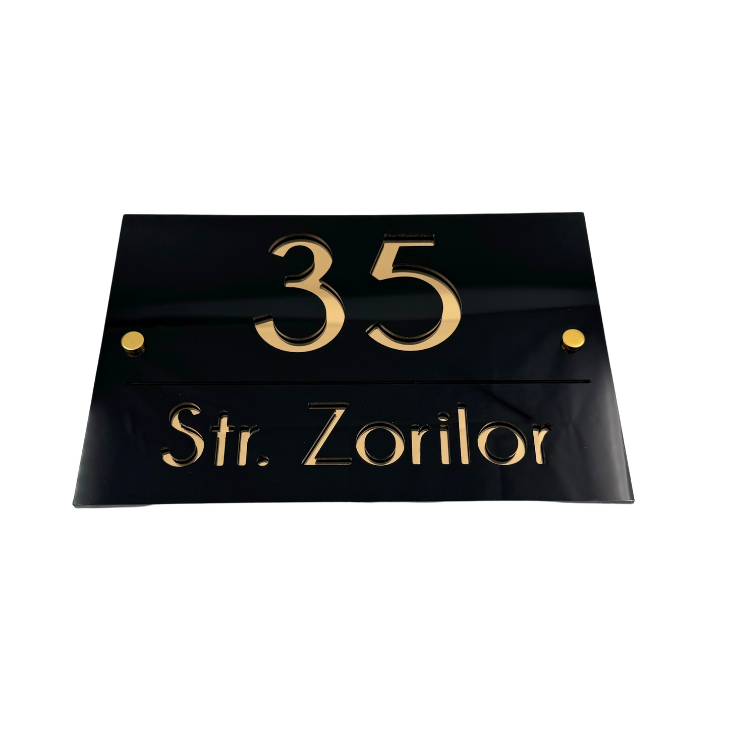 PREMIUM HOUSE NUMBER - Glossy Black Gold Mirror 2 Spacers Gold - 30×20 cm