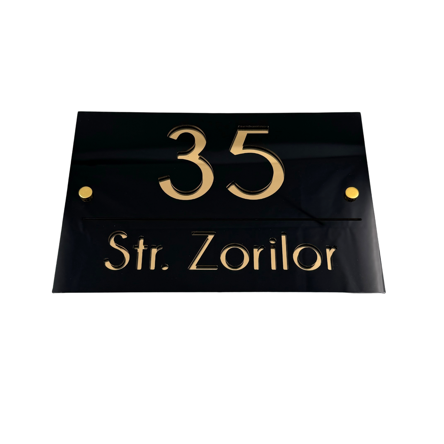 PREMIUM HOUSE NUMBER - Glossy Black Gold Mirror 2 Spacers Gold - 30×20 cm