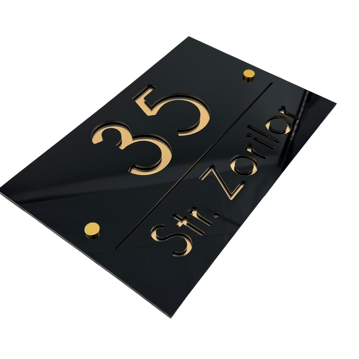 PREMIUM HOUSE NUMBER - Glossy Black Gold Mirror 2 Spacers Gold - 30×20 cm