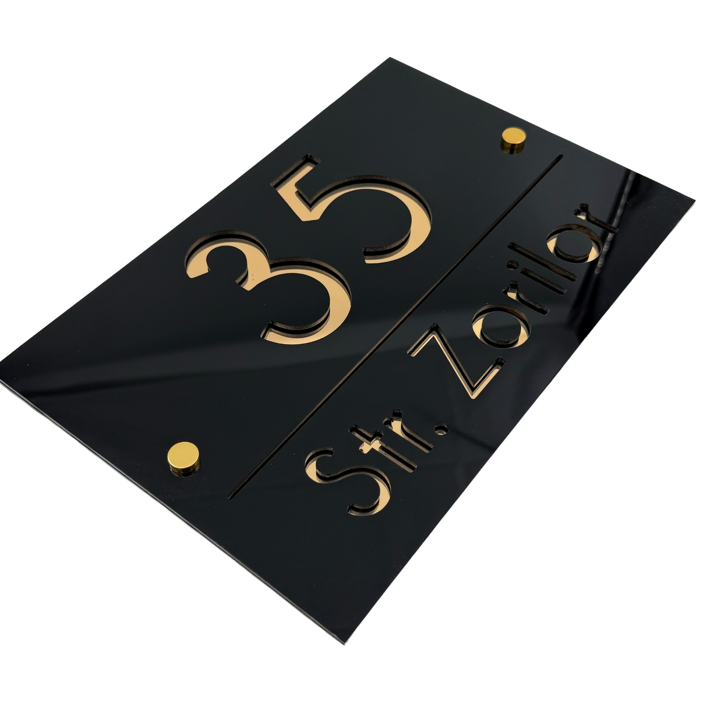 PREMIUM HOUSE NUMBER - Glossy Black Gold Mirror 2 Spacers Gold - 30×20 cm