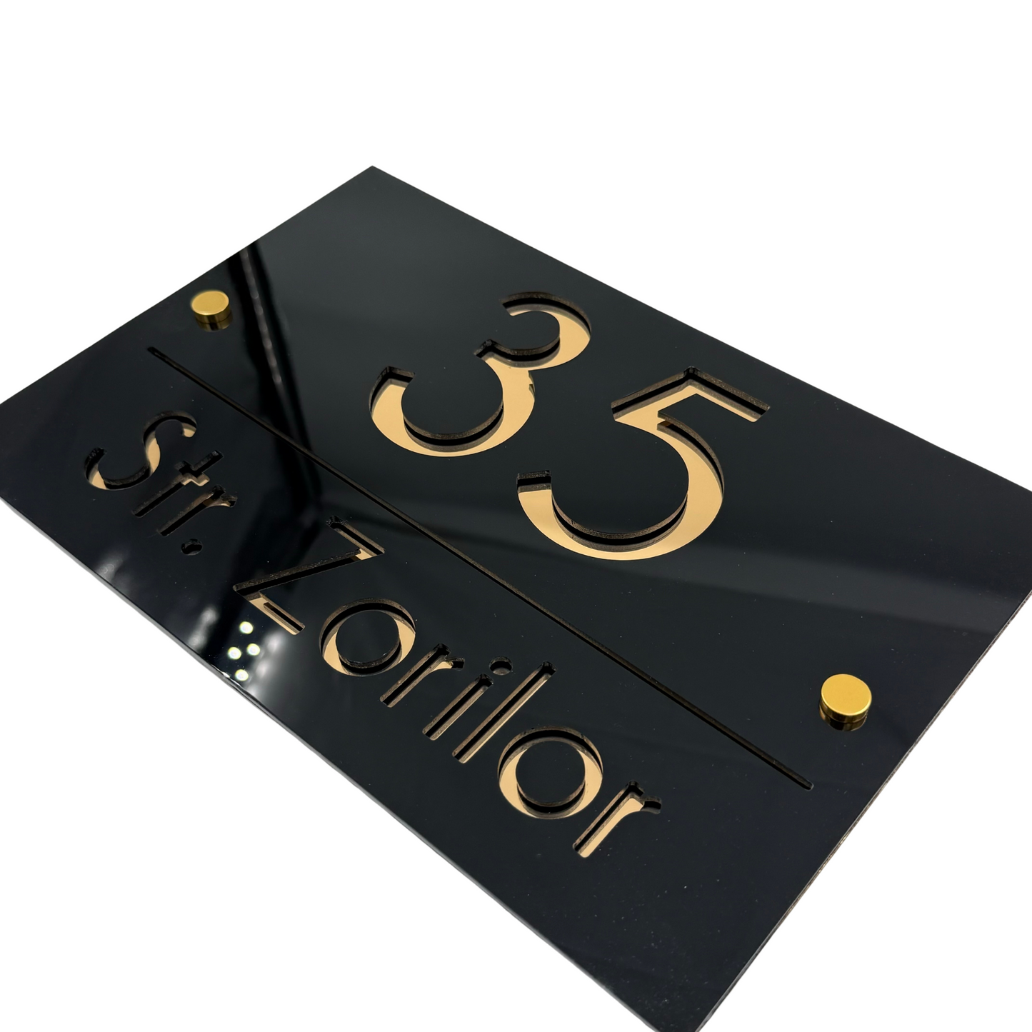 PREMIUM HOUSE NUMBER - Glossy Black Gold Mirror 2 Spacers Gold - 30×20 cm