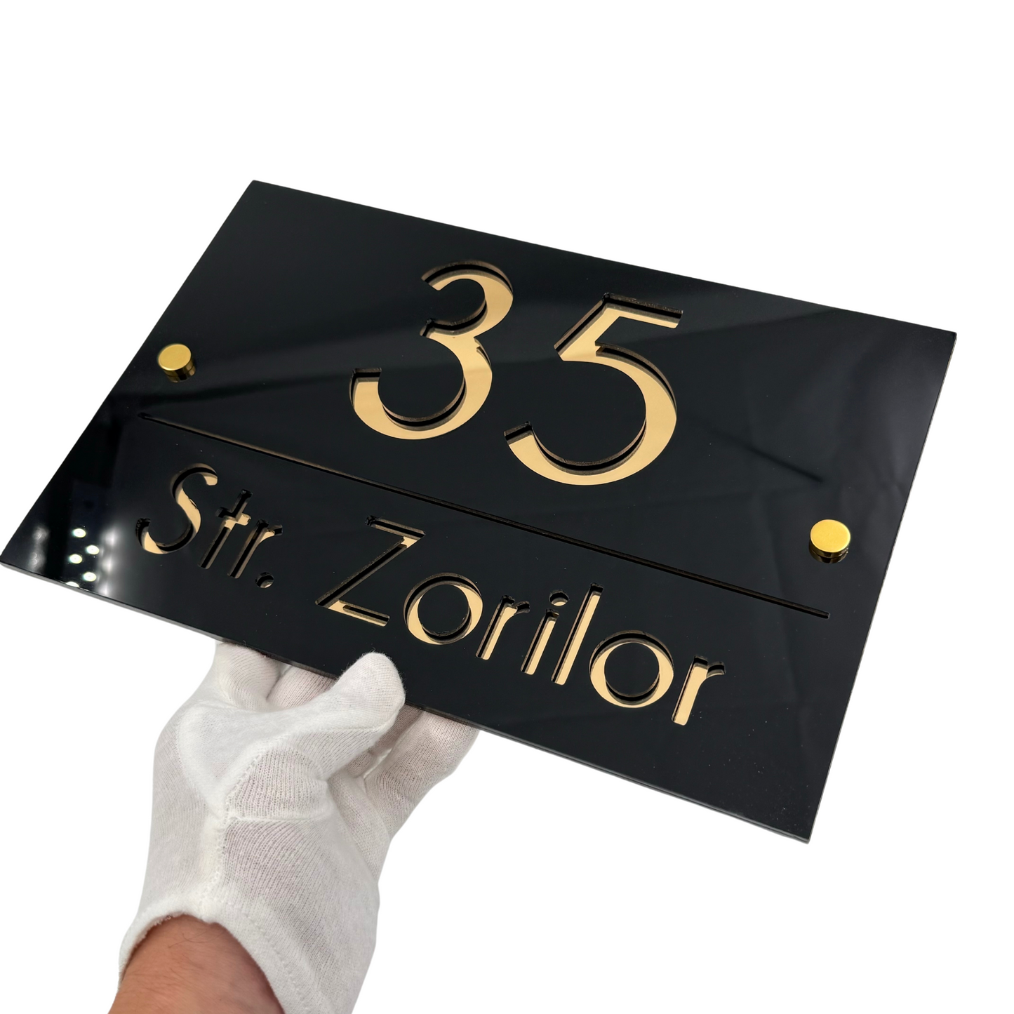 PREMIUM HOUSE NUMBER - Glossy Black Gold Mirror 2 Spacers Gold - 30×20 cm
